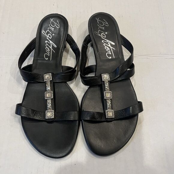 Brighton Nassau Flip Flop Sandals Leather Silver Medallion Black Size 10 - Picture 1 of 6